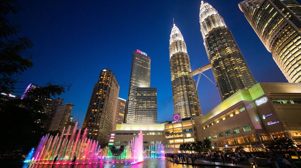 KLCC Park showing night scenes, a skyscraper and a city