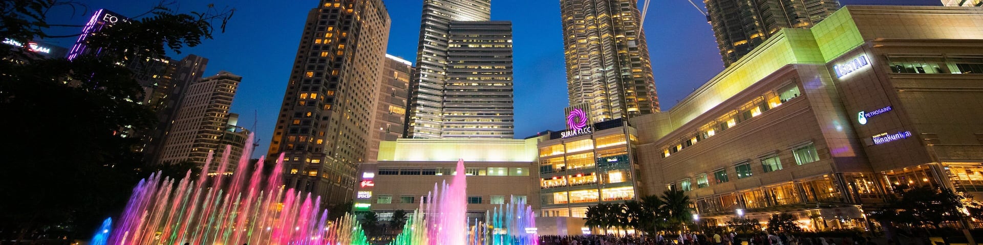 KLCC Park showing night scenes, a skyscraper and a city