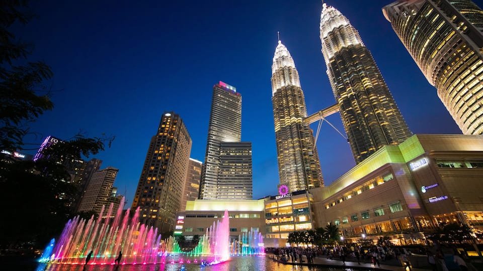KLCC Park showing night scenes, a skyscraper and a city