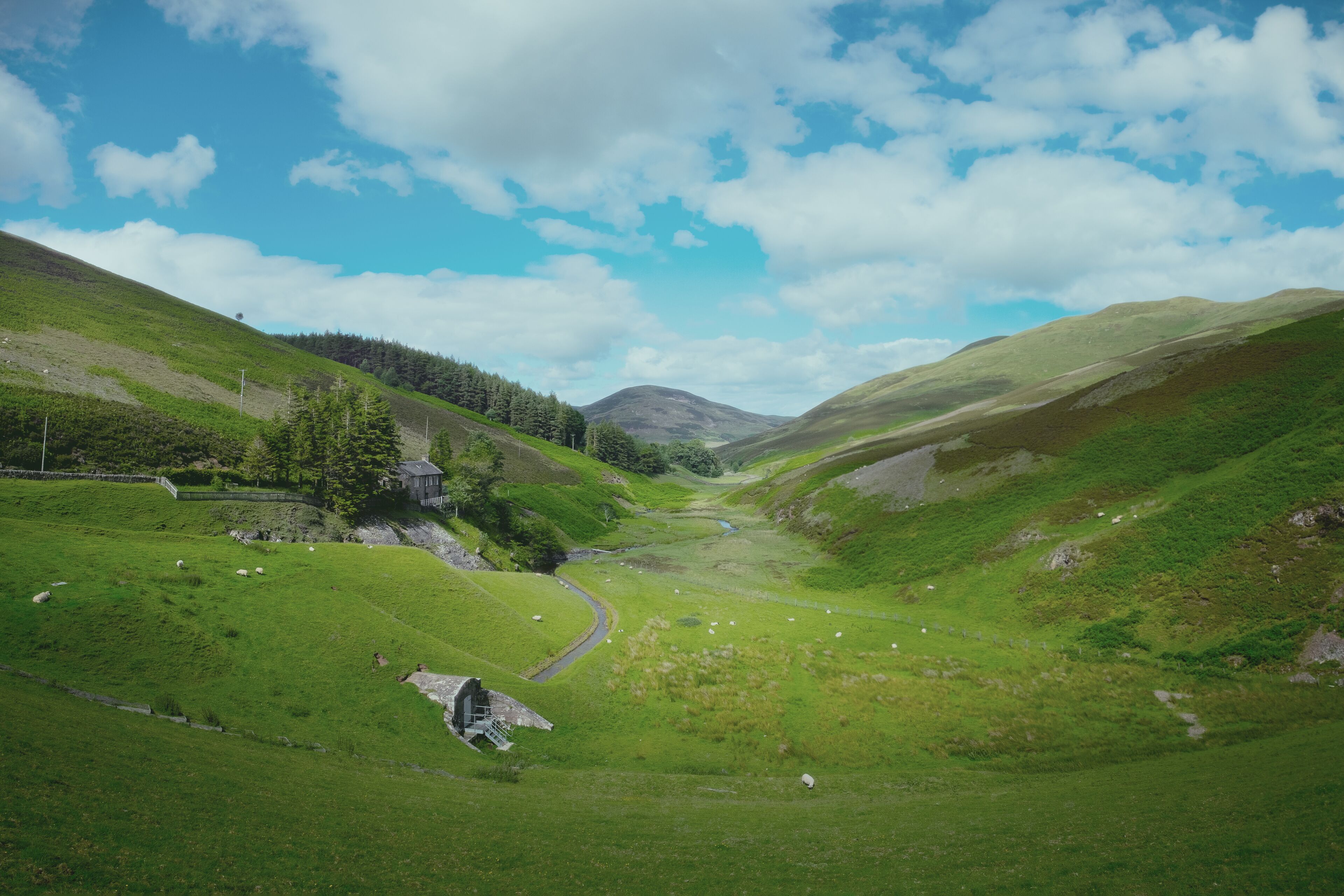 A scenic view with old scottish house, grazing sheep and a river flowing on the valley. Pentland Hills Regional park, on the outskirts of Edinburgh in summer at midday on a clear day