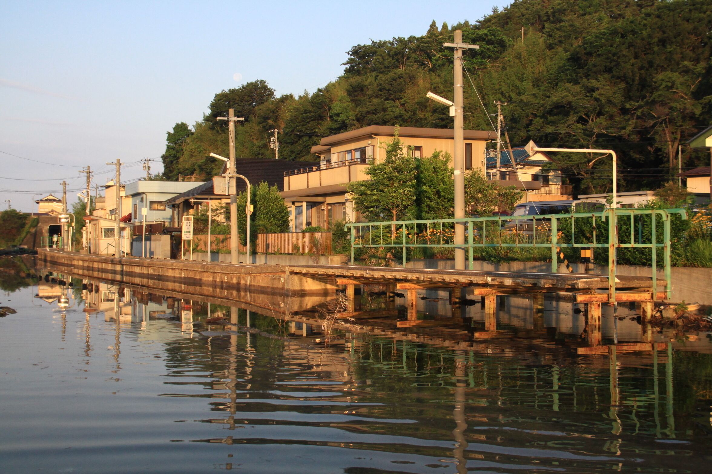 The platform of Sawada Station is soaked in sea water by subsidence. The platform is look like island. Ishinomaki, Miyagi.