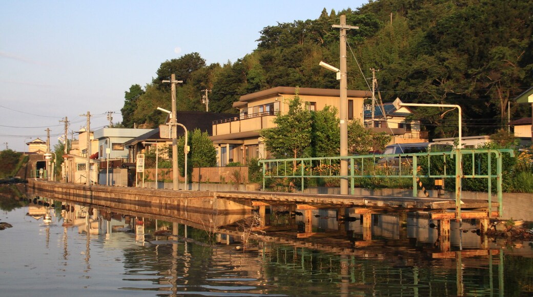 The platform of Sawada Station is soaked in sea water by subsidence. The platform is look like island. Ishinomaki, Miyagi.