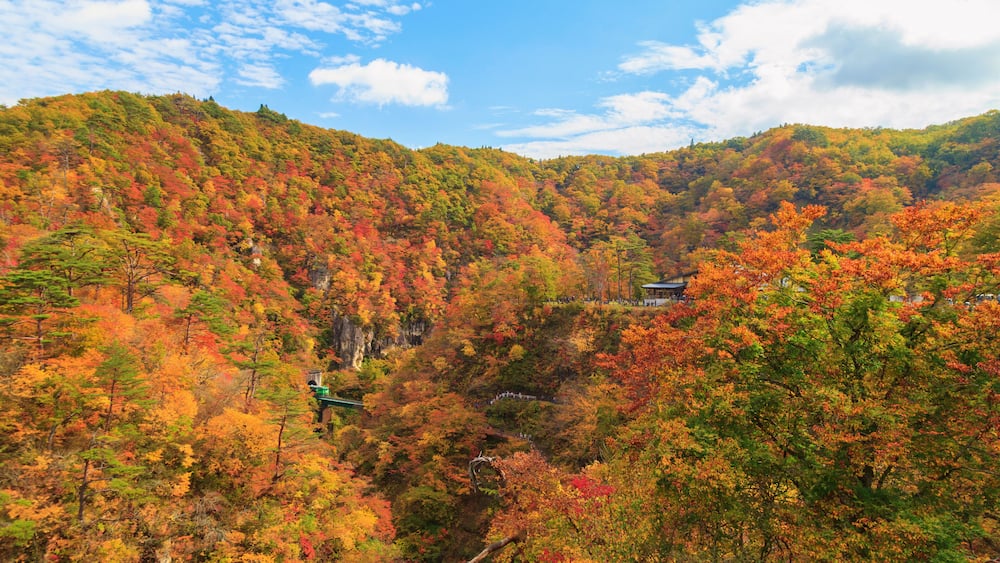 A mountainous landscape with autumn foliage, a winding path, and traditional architecture.