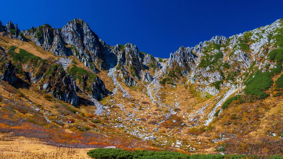 A mountainous landscape with rocky peaks, patches of greenery, and a valley with sparse vegetation.