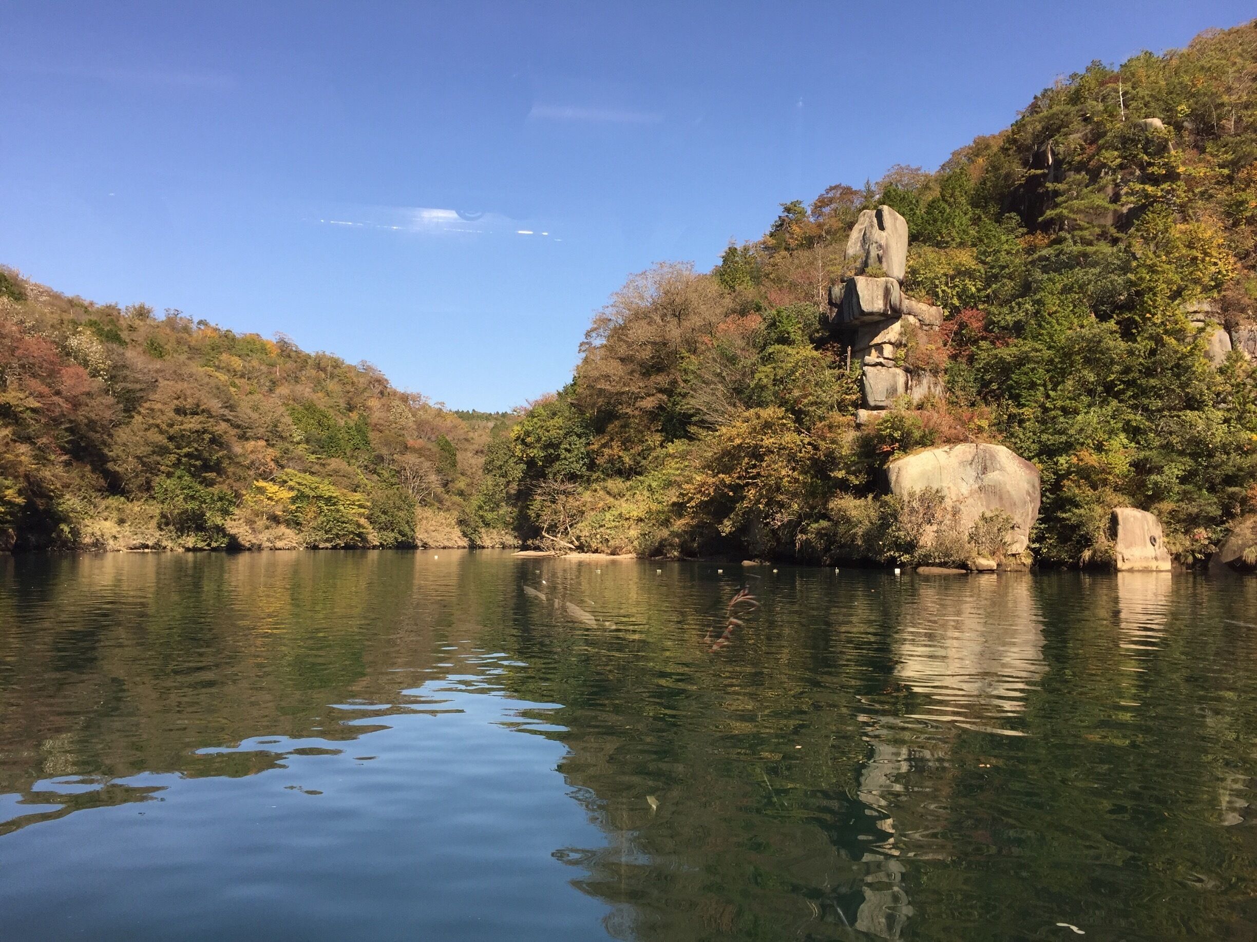 A calm river with clear reflections, surrounded by dense forest and large boulders.