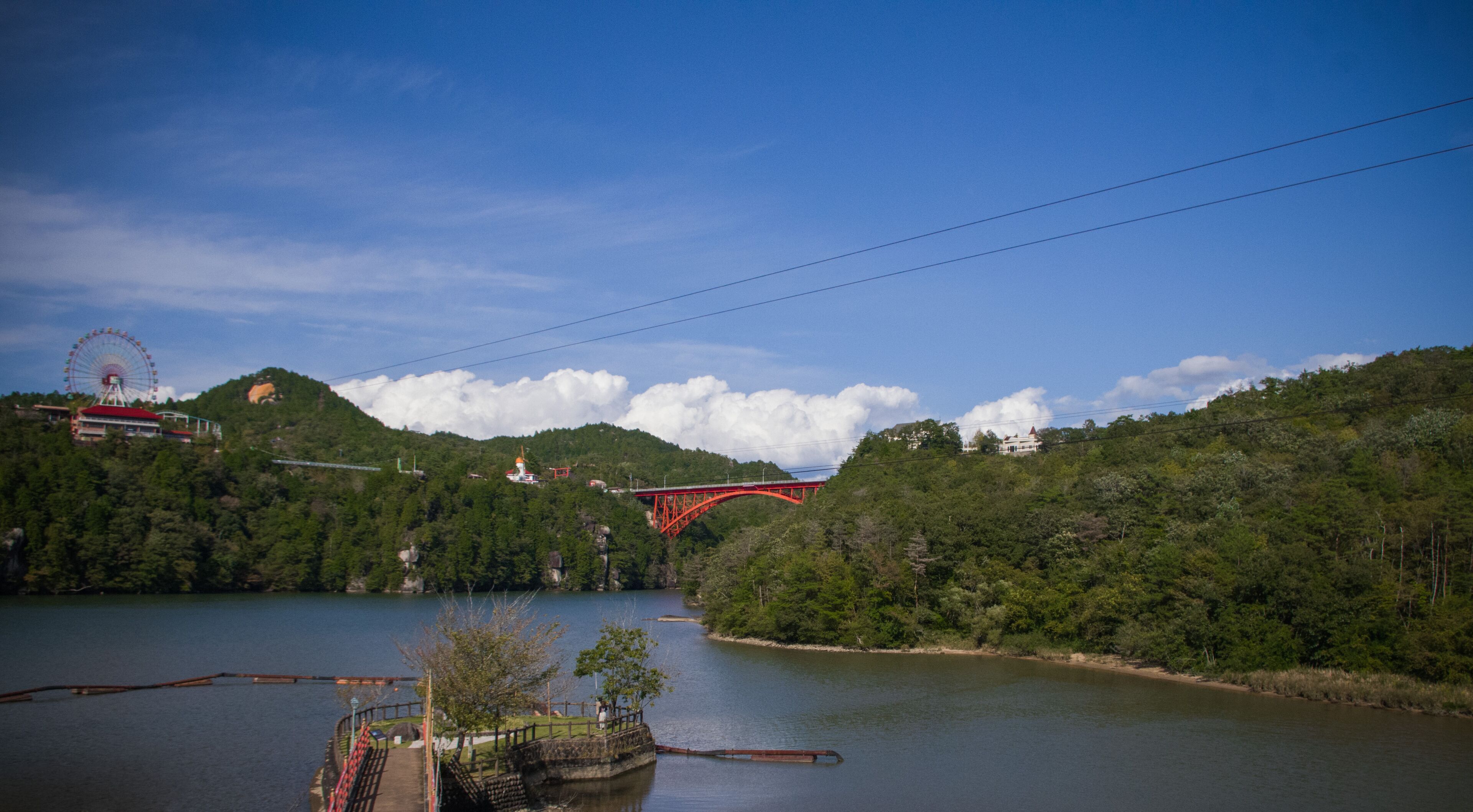 Red bridge, and river at Enakyo in Ena city Japan 