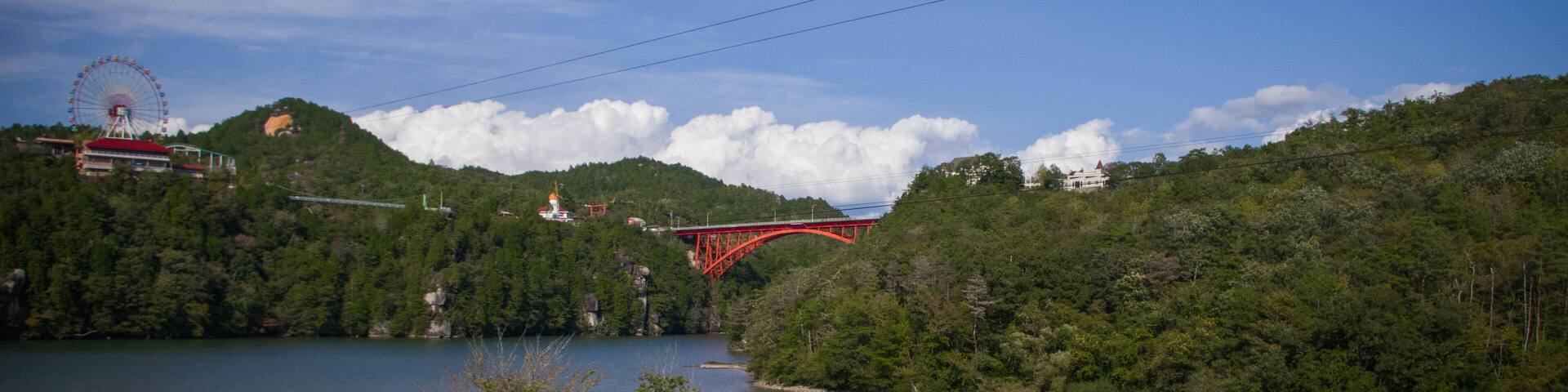 Red bridge, and river at Enakyo in Ena city Japan