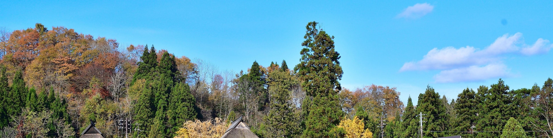Un pueblo rural con casas de madera tradicionales, un cielo azul despejado y árboles de colores otoñales.