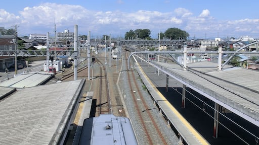 An overview of the platforms at Hanyu Station in Saitama Prefecture, Japan, looking north, with the Chichibu Railway platforms on the left and the Tobu platforms on the right