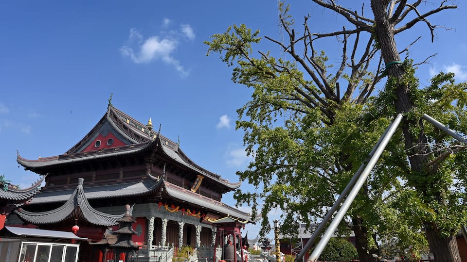 A traditional Chinese building with ornate architecture, including curved roofs and decorative elements.