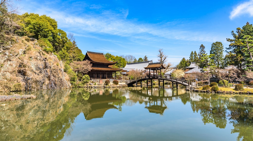 Un jardin japonais traditionnel avec un étang, un pont en bois et des bâtiments aux toits de chaume.