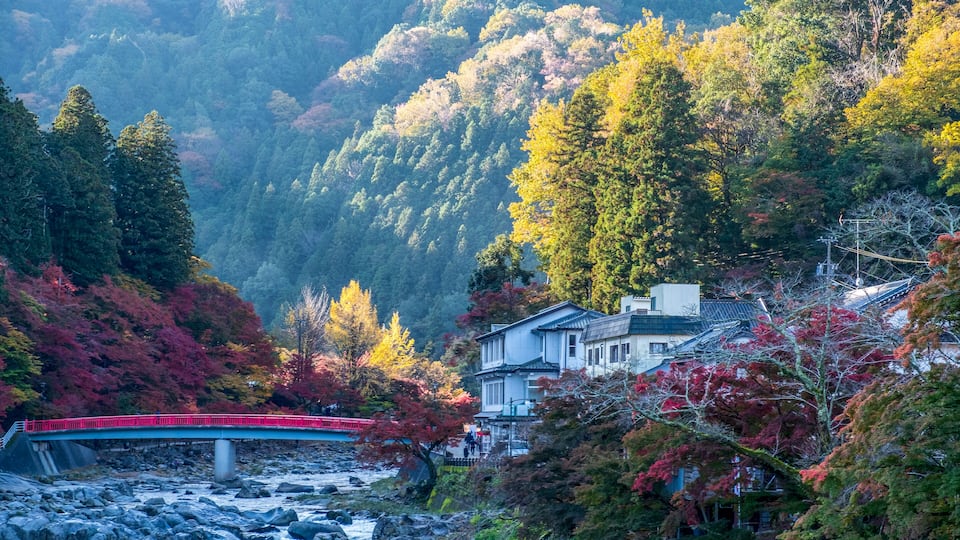 A river with rocks, a red bridge, and houses surrounded by autumn-colored trees.