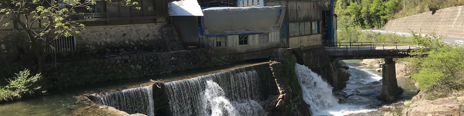 A waterfall cascading over a stone barrier into a river, surrounded by buildings and greenery.