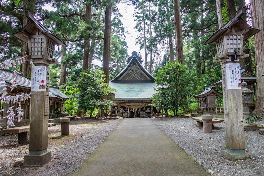 Un santuario japonés tradicional con un edificio central, rodeado de altos árboles y faroles de madera.