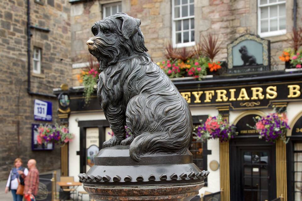 A bronze statue of a dog in front of a pub named "EYFRIARS BOB".