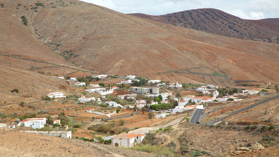 Betancuria que incluye un pueblo y paisajes desérticos