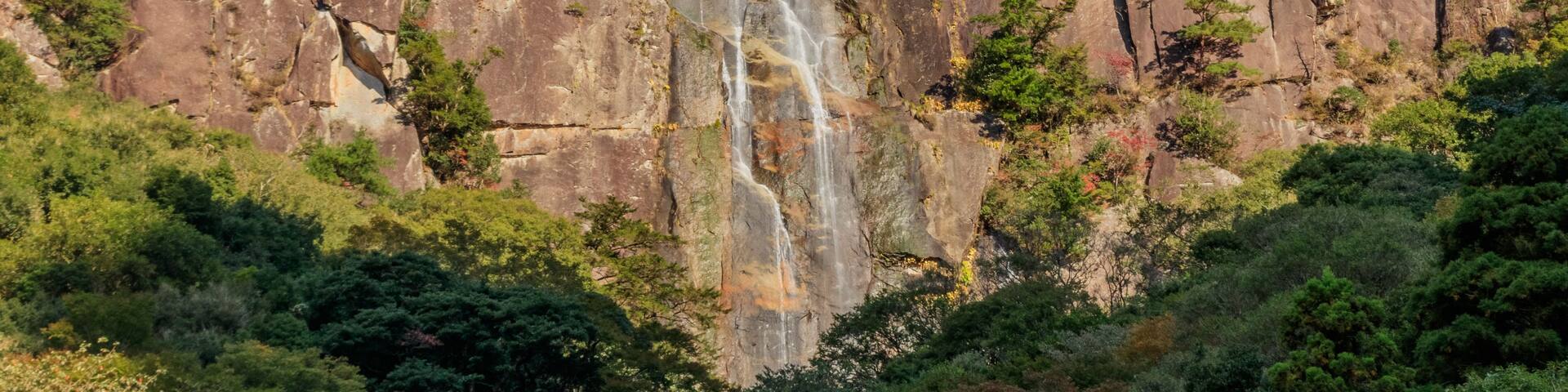 A waterfall cascading down a rocky cliff surrounded by dense greenery.