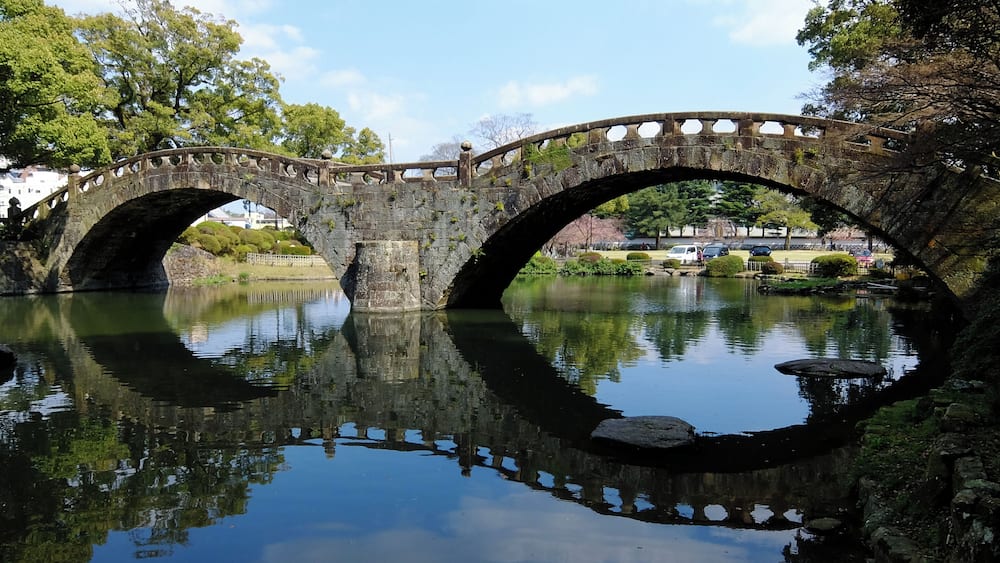 The Megane-bashi of Isahaya Park in Isahaya, Nagasaki prefecture, Japan.
