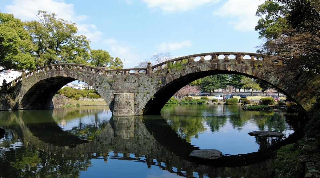 The Megane-bashi of Isahaya Park in Isahaya, Nagasaki prefecture, Japan.