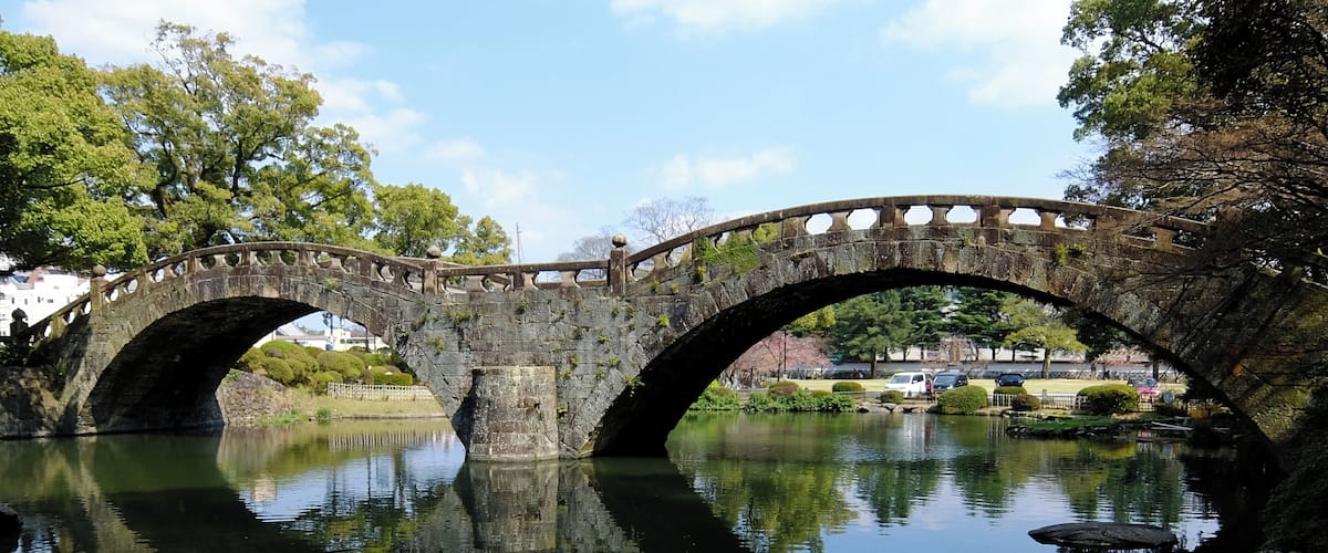 The Megane-bashi of Isahaya Park in Isahaya, Nagasaki prefecture, Japan.