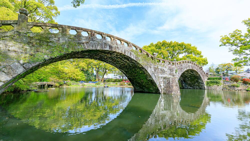 A stone bridge over a calm river with lush greenery and clear blue sky.