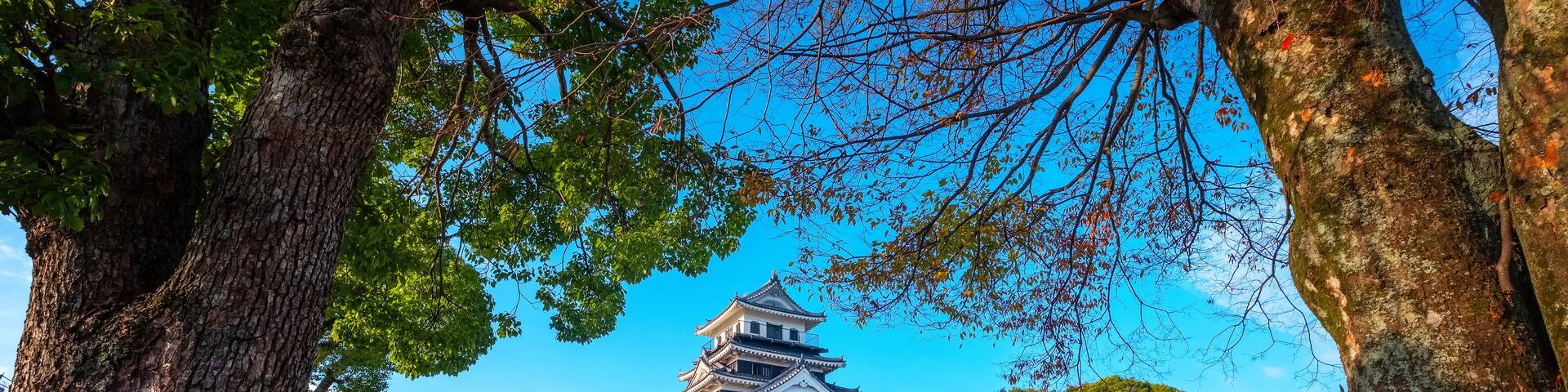 Nakatsu, Japan - Nov 26 2022: Nakatsu Castle known as one of the three mizujiro, or "castles on the sea", in Japan. The original castle was destroyed in the Meiji Restoration and rebuilt in 1964