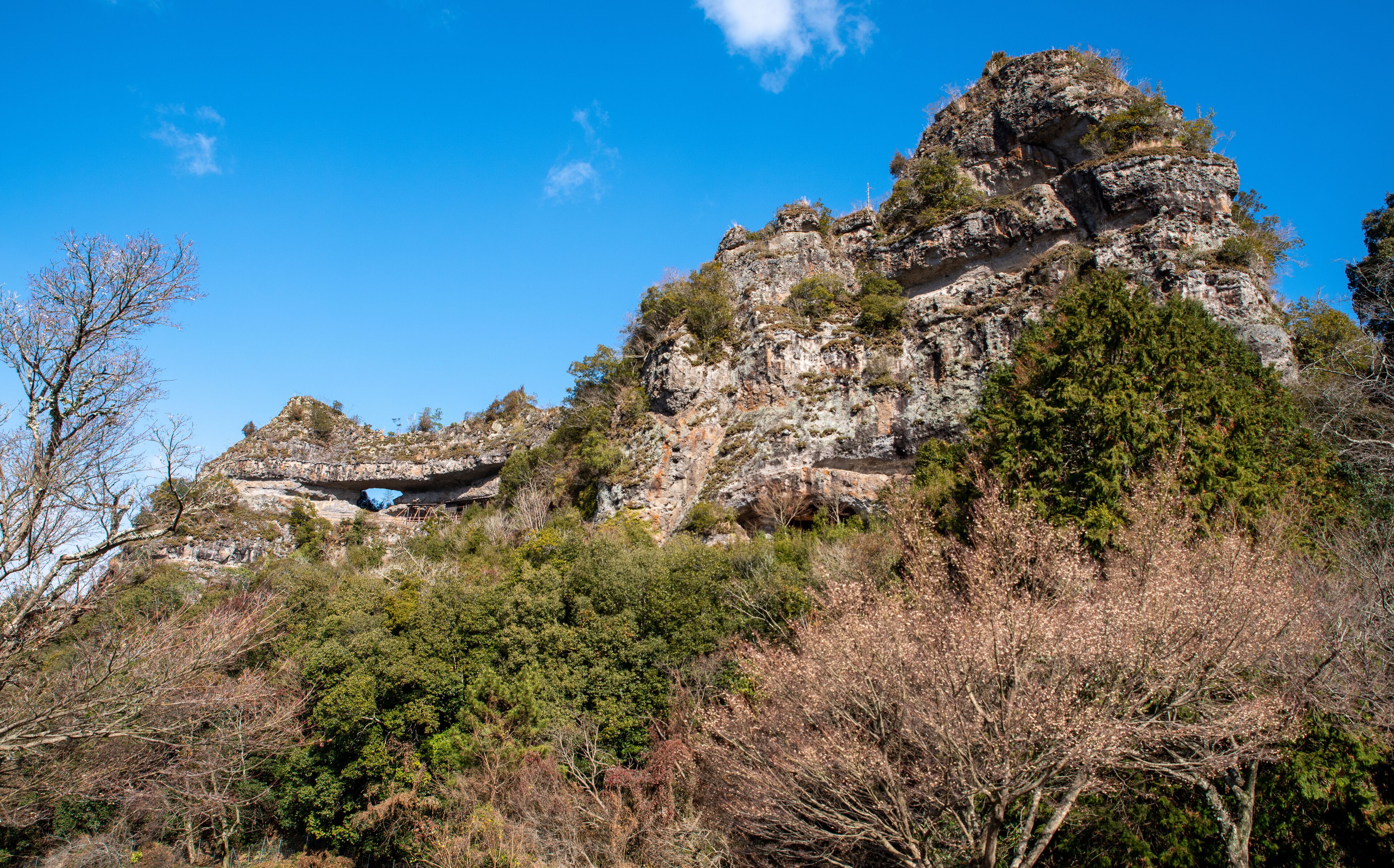 Una montaña rocosa con la entrada a una cueva y densa vegetación forestal.