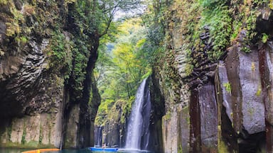 Travelers on a rowing boat at takachiho gorge in a Leaves color change season,Miyazaki,Japan, Shutterstock ID 758705779, Purchase Order: -