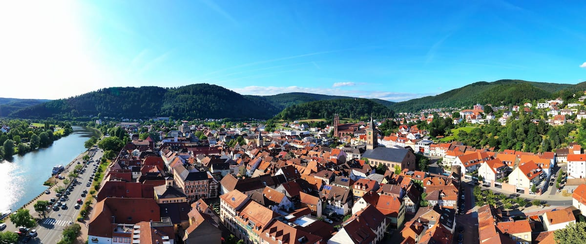 A riverside town with historic buildings and a river.