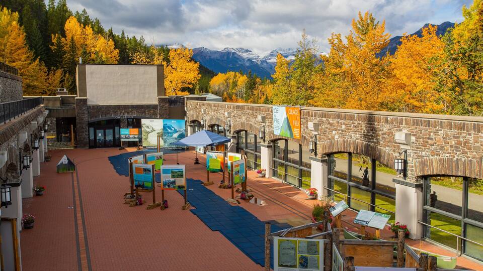 A plaza with stone walls, informational signs, and autumn trees.