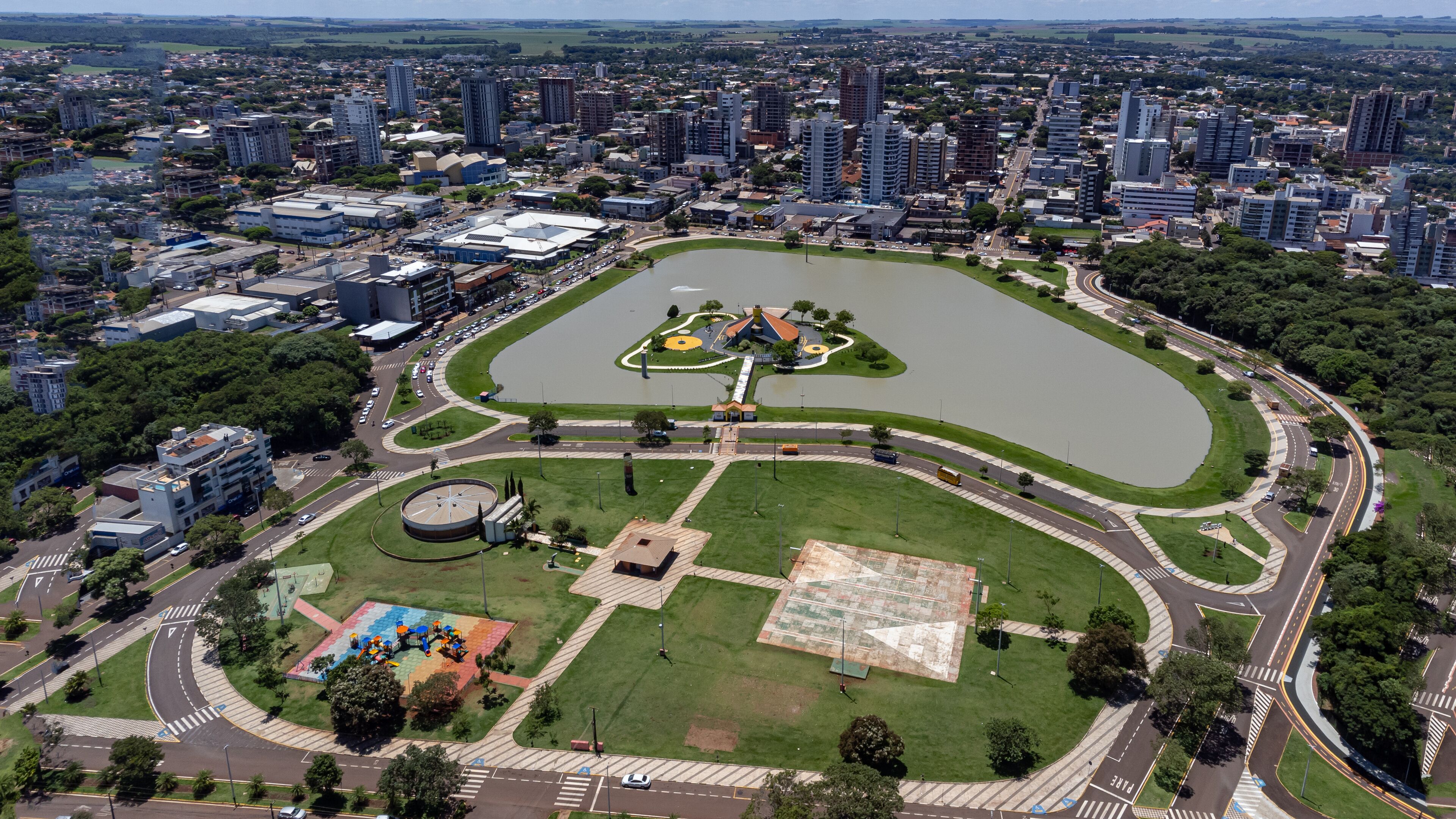 Aerial view on a sunny day of the city of Toledo, located in the western region of Paraná, Brazil.
