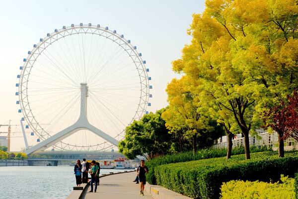 Tianjin Eye which includes street scenes, rides and a river or creek
