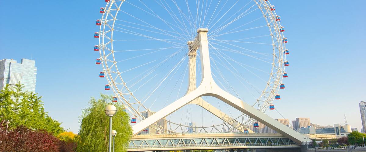 Tianjin Eye showing rides and modern architecture
