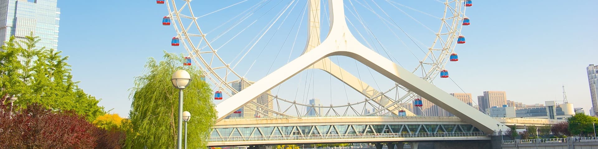 Tianjin Eye showing rides and modern architecture