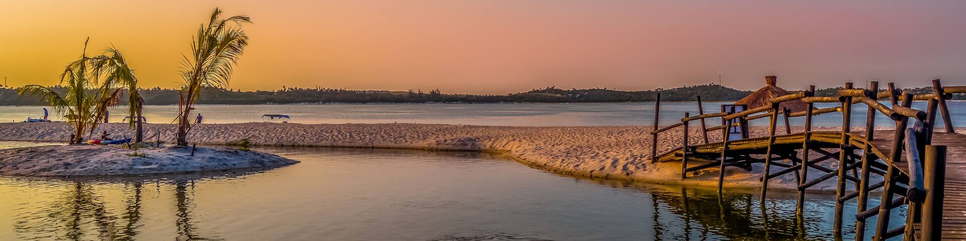 Un lac paisible, avec une jetée en bois et des palmiers sur une plage de sable.