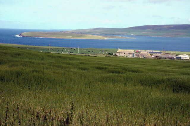 The old farmhouse of Quoys, Evie The farm of Spithersquoy (red barn door) can be seen behind the farmhouse of Quoys.