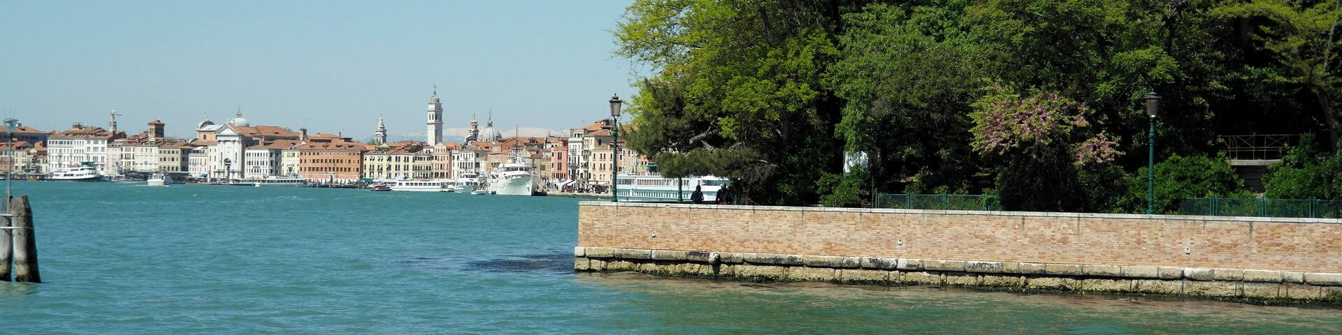 A waterfront with a stone wall, trees, and a cityscape in the background.