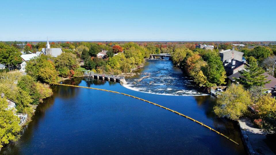 A river with a dam and a bridge, surrounded by autumn-colored trees and residential buildings.