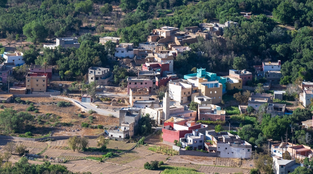 Imouzzer Ida Ou Tanane, Morocco : aerial cityscape of Imouzzer, with mountains in the background.