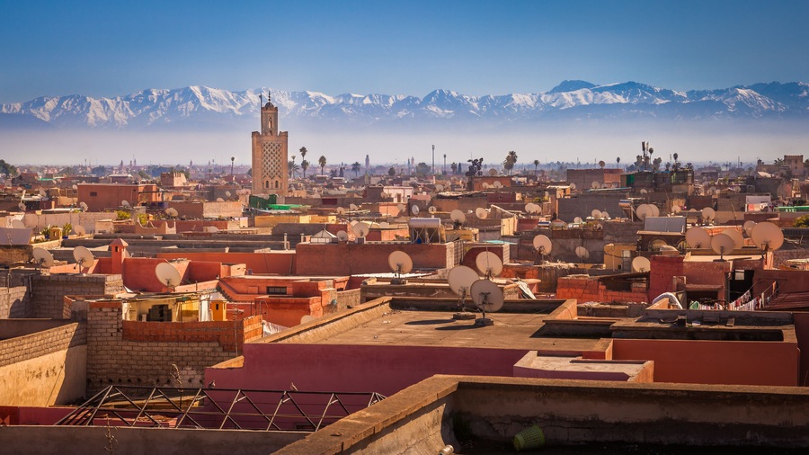 Panoramic view of Marrakesh and the snow capped Atlas mountains, Morocco
