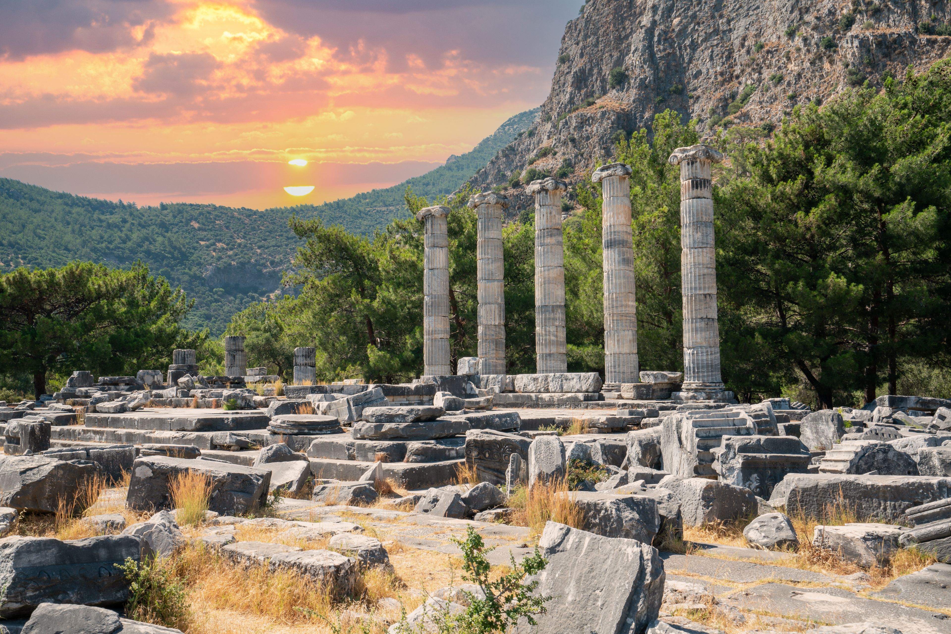 Ancient ruins with columns, surrounded by trees and mountains.