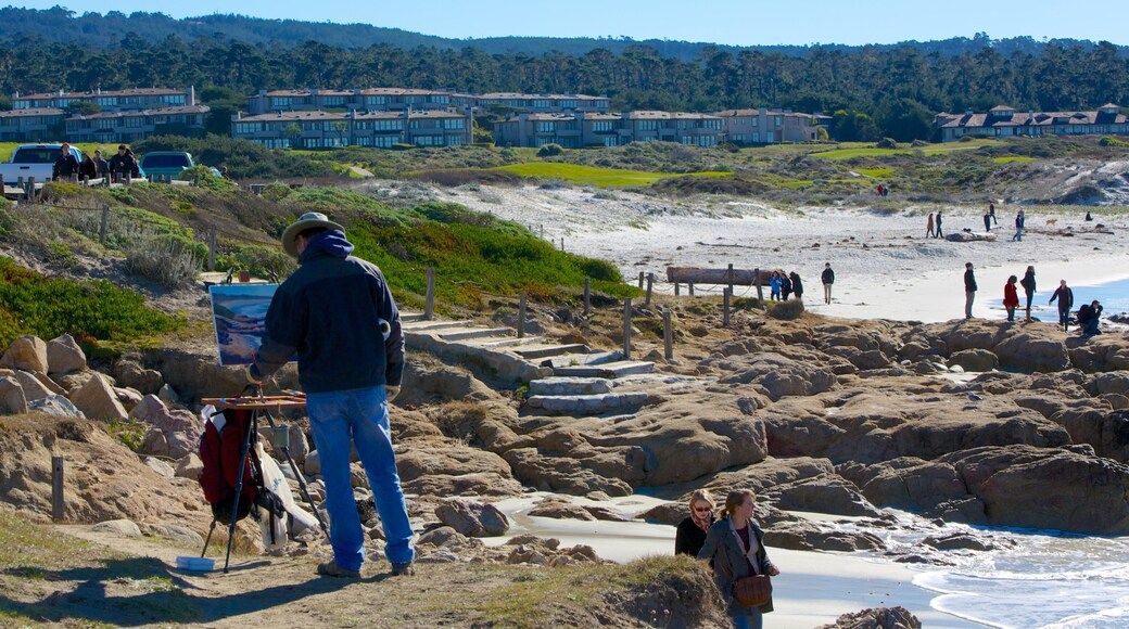 Asilomar State Beach showing rugged coastline, a small town or village and landscape views
