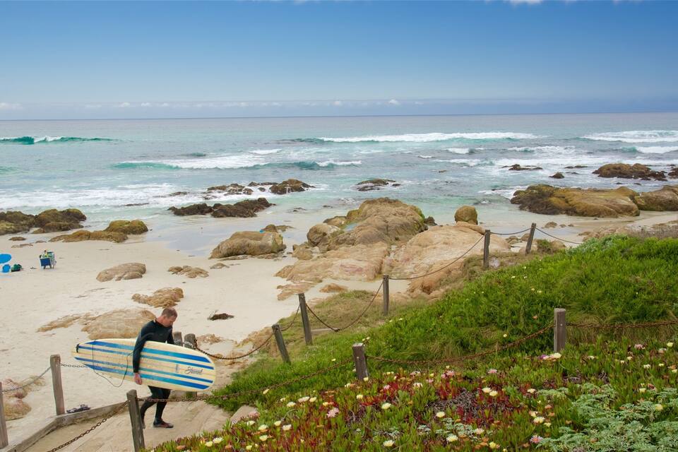 A rocky beach with waves, a person with a surfboard, and a chain-link fence.
