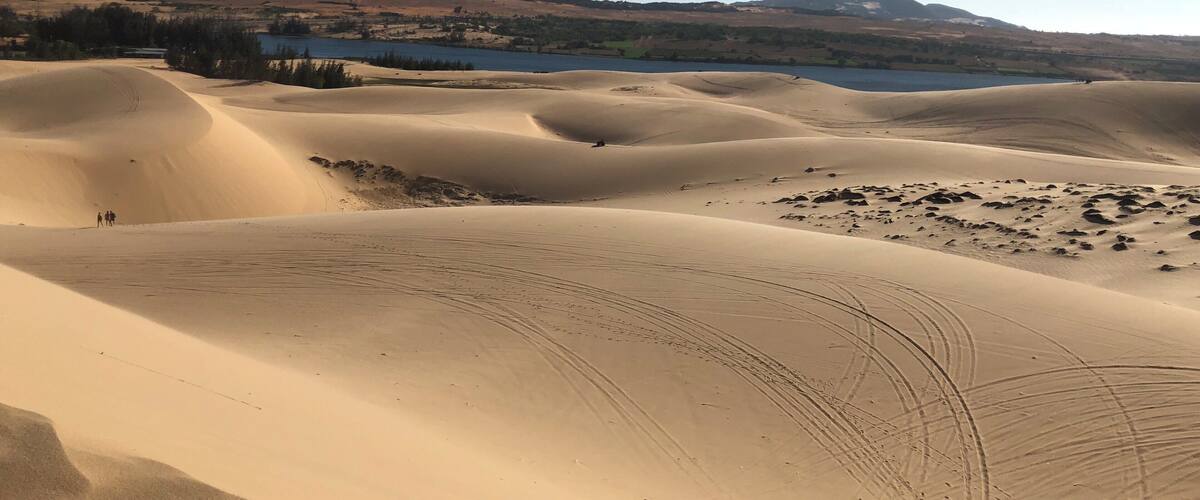 Sand dunes with a lake and mountains in the background.