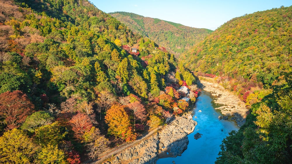 A river winding through a forested valley with a house on the left bank.