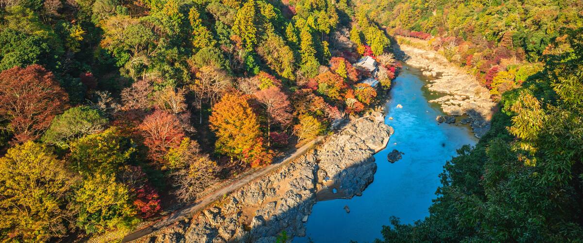 scenery of Hozukyo at arashiyama located in kyoto, japan in autumn
