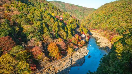 scenery of Hozukyo at arashiyama located in kyoto, japan in autumn