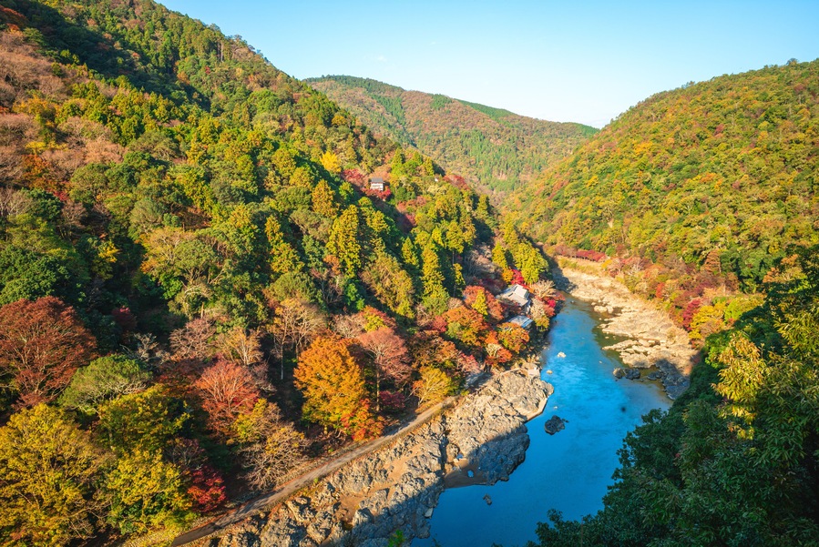 scenery of Hozukyo at arashiyama located in kyoto, japan in autumn