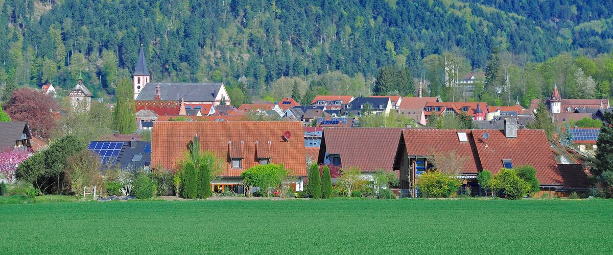 A town with red-roofed houses, a church, and a forested hill in the background.