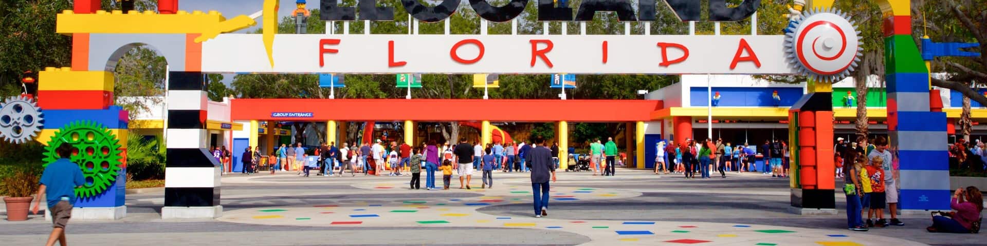 The entrance to LEGO Florida with colorful LEGO structures and a large LEGO sign.